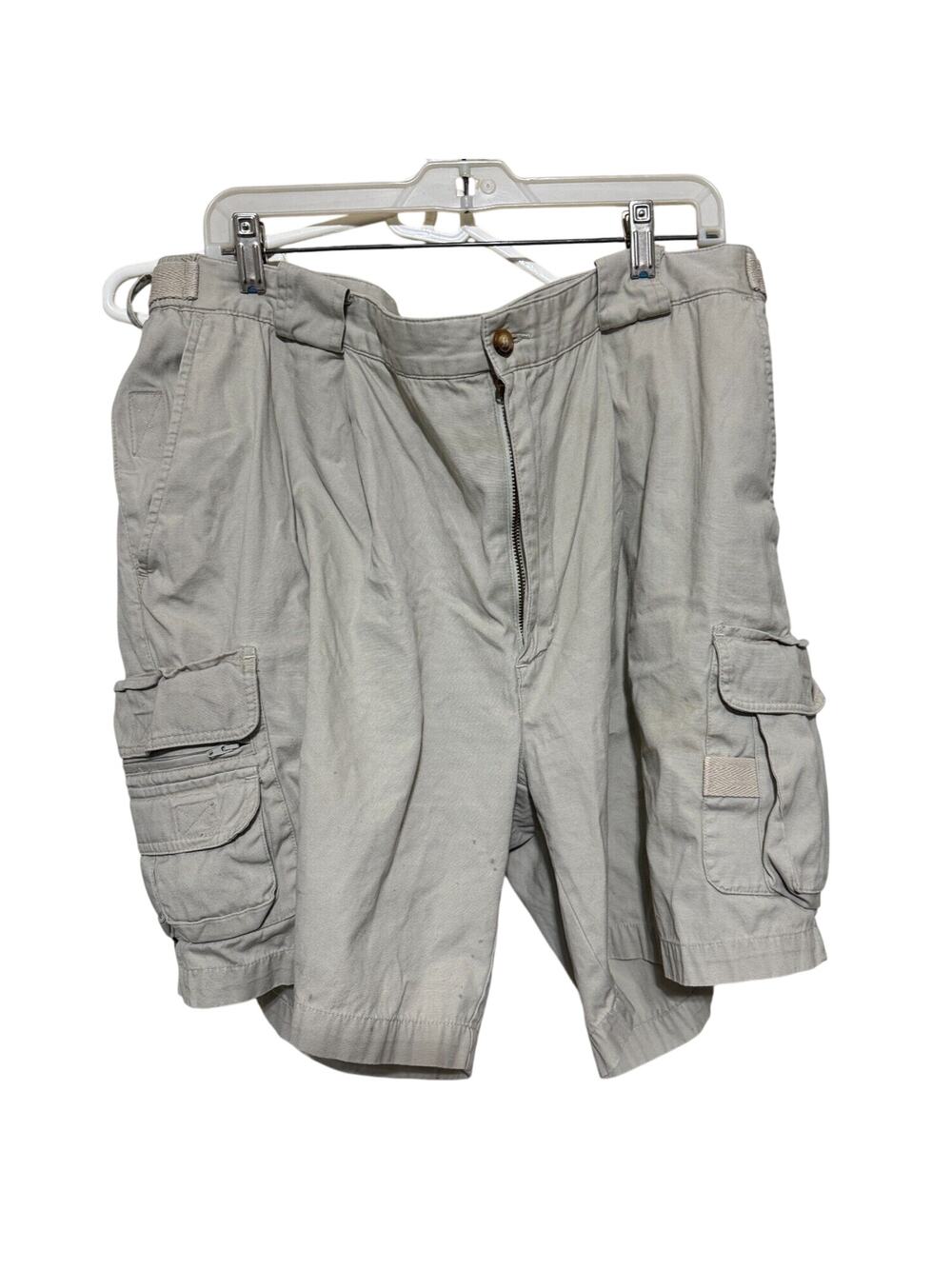 Orvis Mens 42x8 Cargo Shorts Tan Vintage beige adjustable waist STAINS